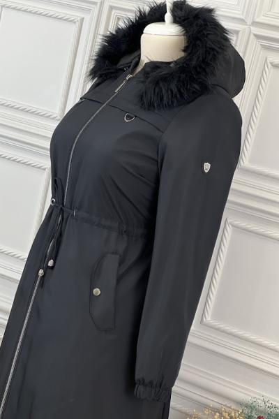 21646 Bel Bağlamalı Büyük Beden Pardesü Siyah