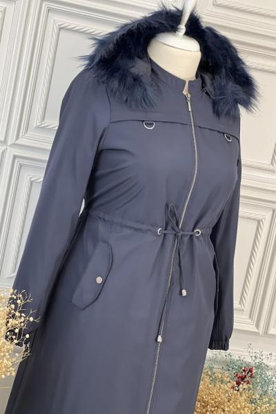 21646 Bel Bağlamalı Büyük Beden Pardesü Lacivert Lacivert